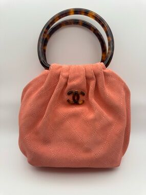 CHANEL Coral Quilted Suede Mini Top-Handle Bag with Tortoiseshell Handles